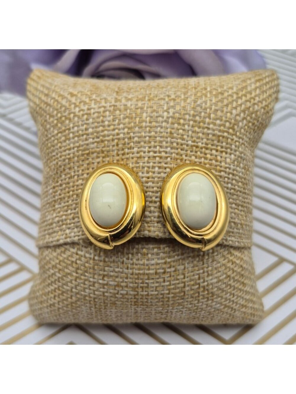 Vintage Monet Clip On Earrings Gold Tone Ivory Cream Cabochon Oval Signed 1”